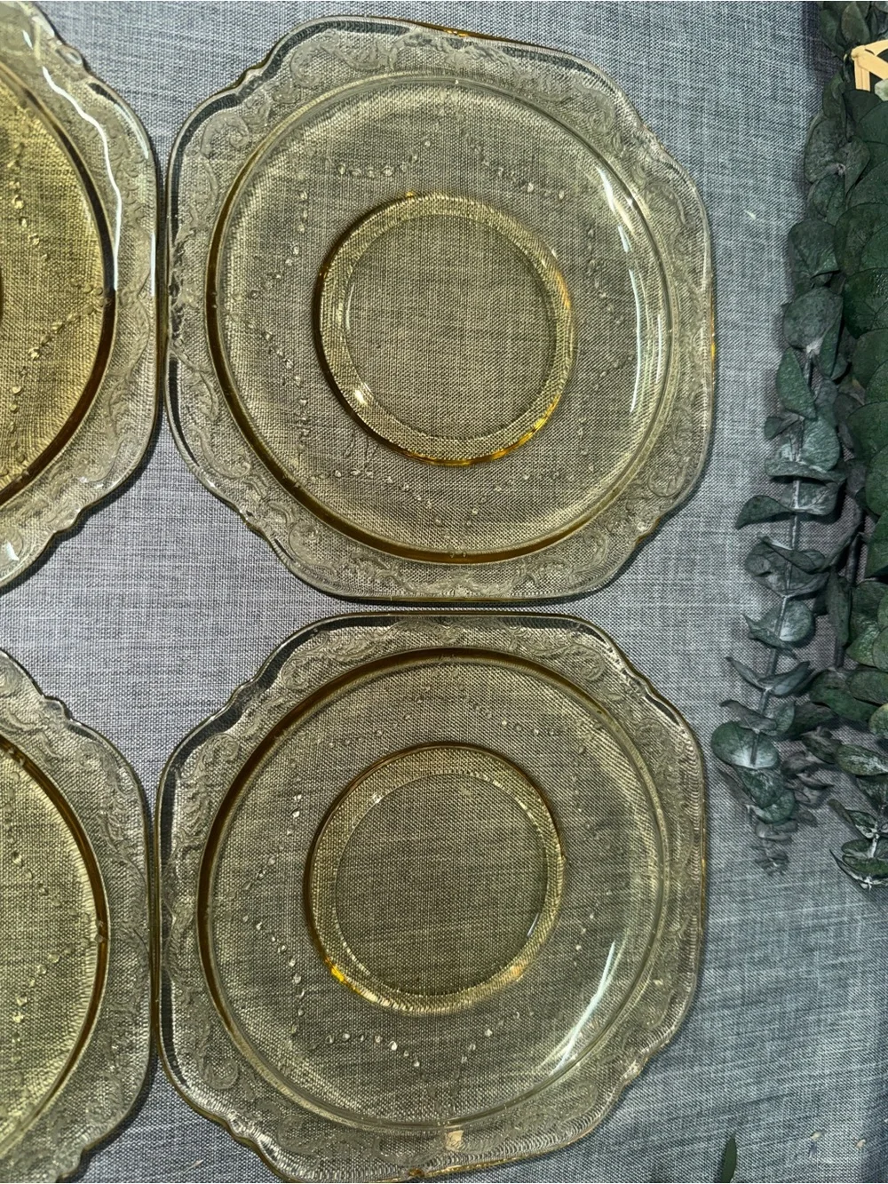 Set of 4 Vintage Amber Depression Glass Saucers Scroll Border Square